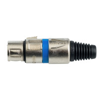 Presa volante XLR professionale 3 poli, pinza interna in nylon con molla terminale in PVC. Colore: Argento con anello blu.