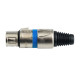 Presa volante XLR professionale 3 poli, pinza interna in nylon con molla terminale in PVC. Colore: Argento con anello blu.