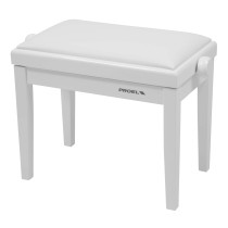 Panca professionale regolabile in legno per piano ed organo. Telaio Bianco lucido. Cuscino imbottito con rivestimento in similpe