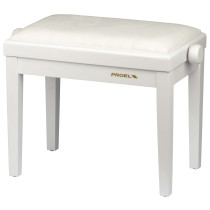 Panca professionale regolabile in legno per piano ed organo. Telaio Bianco lucido. Cuscino imbottito con rivestimento in velluto