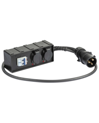 Box di distribuzione elettrica con ingresso spina CEE 32A - 2P+T - IP44 - 230V con cavo neoprene 3G4 mm² 1,5 m /uscite: 2 x pres