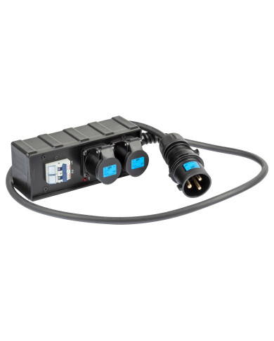 Box di distribuzione elettrica con ingresso spina CEE 32A - 2P+T - IP44 - 230V con cavo neoprene 3G4 mm² 1,5 m/ uscite: 2 x pres