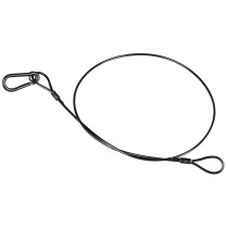 Cavo di sicurezza nero, realizzato in acciaio inossidabile ricoperto in PVC, diametro totale 3 mm, con moschettone di protezione