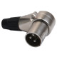 Spina volante XLR 3 poli angolare a 90° con manicotto nichelato e passacavo flessibile in PVC.