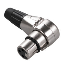 Presa volante XLR 3 poli angolare a 90° con manicotto nichelato e passacavo flessibile in PVC.