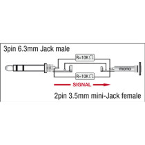 XGA12 - Jack/M stereo to mini-jack/F - incl. 2x 10 kilo-Ohm resistors Inclusi 2 resistori da 10 kilo-Ohm
