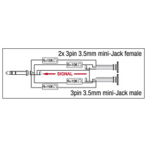 XGA44 - mini-jack/M stereo to 2 x mini-jack/F - incl. 4 x 10 kOhm resistors Inclusi 4 resistori da 10 kOhm